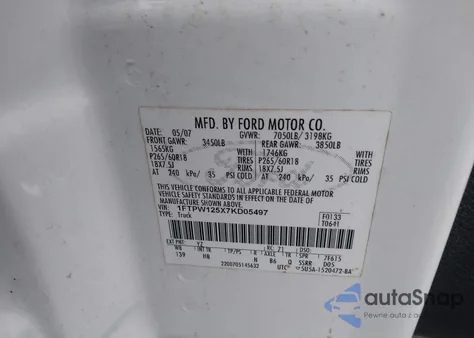 2007 Ford F-150 Lariat/Xlt из США, поврежденный, VIN 1FTPW125X7KD05497